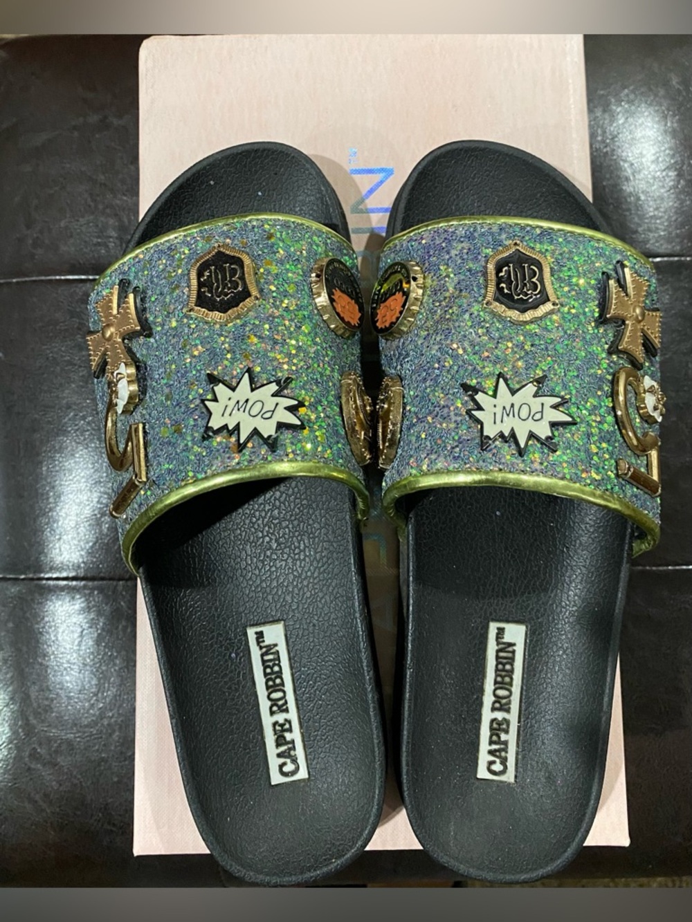 Cape Robbin Moira-25 Green Glitter Patch slides Size-7 - Picture 1 of 6